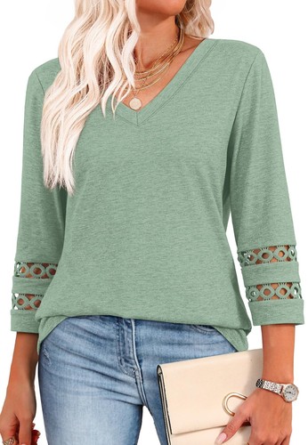 Summer Shirts for Women 3/4 Sleeve Tops and Blouses V Neck Lace Sleeve Tunics...