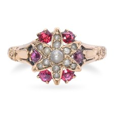 Antique Victorian 9k Rose Gold Red Paste & Pearl Star Ring