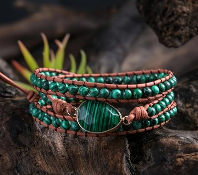 Boho Green Malachite Stone Beaded 3-Layer Adjustable Button Rope Wrap Bracelet