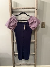 Anthropologie Maeve Mixed Media Pugg Sweater Blue Dress Size XS Preppy