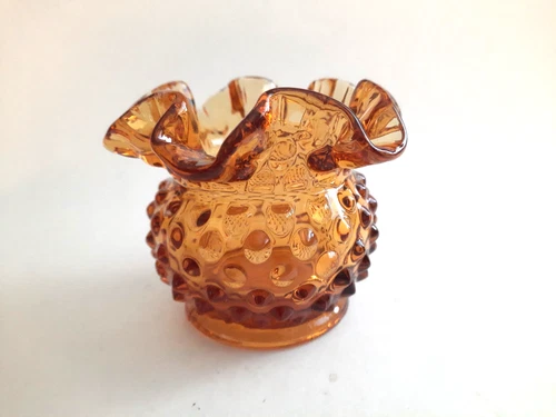 Vintage-Fenton Art Glass 3" Amber Gold Hobnail Ruffled Open Rose Bowl Vase