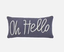 Mud Pie Oh Hello Embroidered Dhurrie Cotton Lumbar Decor Throw Pillow 12" x 25"