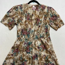 Vintage California Looks Dress Women's S Brown Pleated Floral Metal Buttons 80s