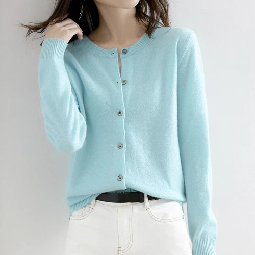 Women's Cashmere Blend Sweater Solid Color Crew Neck Button Cardigan Jacket Coat - Bild 16 von 23