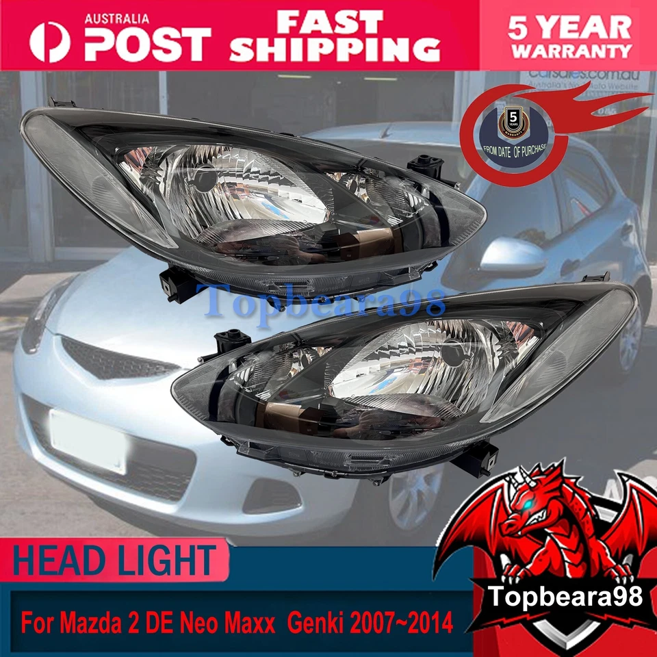 TOP Fits Mazda 2 DE Neo Maxx Genki Sport 2007-2014 Pair LH+RH Head Light Black - image 2 of 4