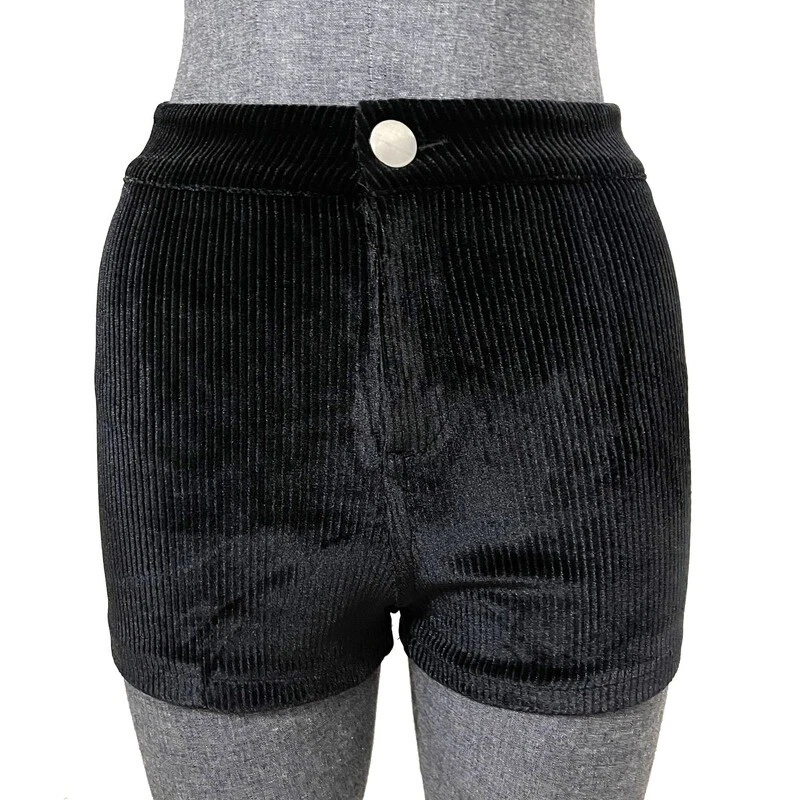 Damen Cord Shorts Skinny Mini High Waist Zip Stretch Schwarz Neu Hot Pants - Bild 4 von 4
