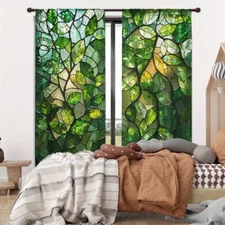 2pcs Retro Green Leaf Glass Texture Window Curtains for Bedroom Living Room