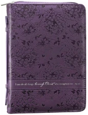 Bible Cover Medium Size, Purple Floral LuxLeather, I can do all things through C