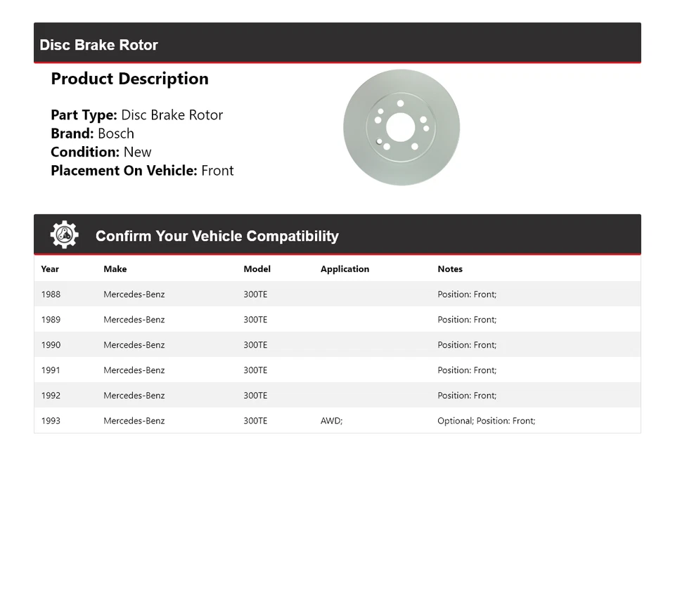 Rotor de freno de disco delantero para Mercedes 300TE 1988-1993 Bosch QuietCast 1989 1990 Foto 2 de 4