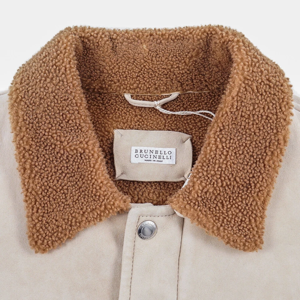 BRUNELLO CUCINELLI Ivory Lamb Shearling Fur Suede Parka Coat Jacket 48 EU Small - Image 4 of 4