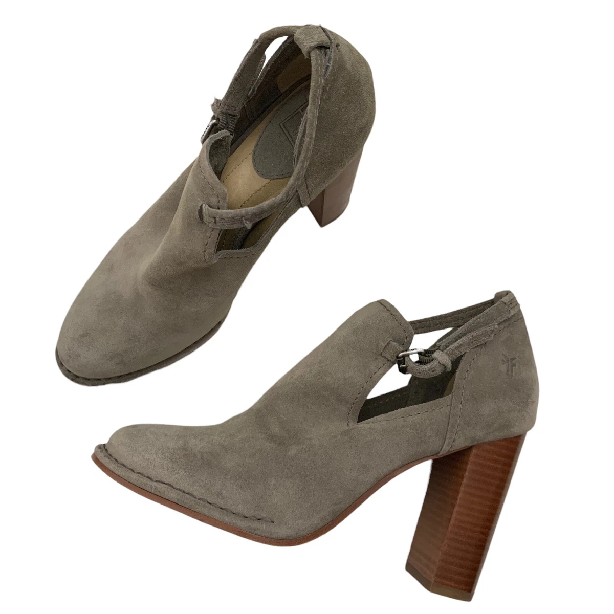 Frye 9.5 Suede Shoes 4 Block Heel Gray Ankle Strap Almond Toe Womens Heels