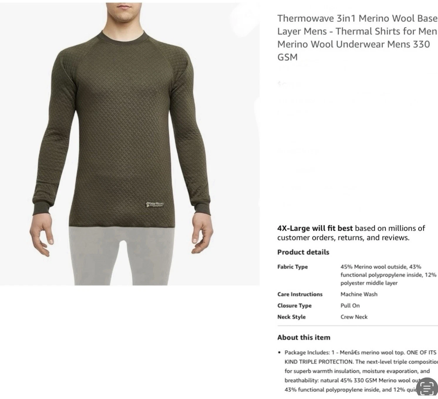 Thermowave 2XL 3 In 1 Merino Wool Base Layer 330 GSM Long Sleeve Crew Neck Top