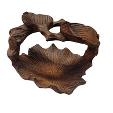 Vintage Handcarved BURL WOOD Rustic Leaf Shape Basket Handled tray centerpiece