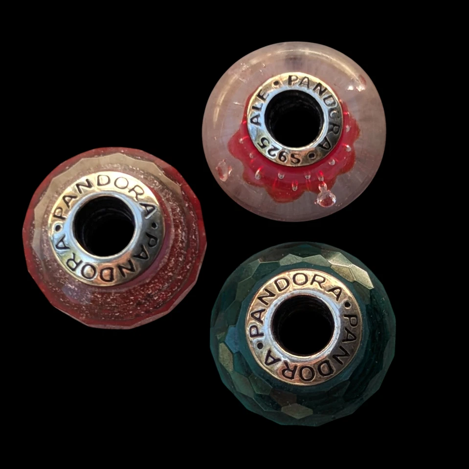 Lot of 3 925 Pandora Authentic Red & Green Faceted and Bubbles Glass Charms - Image 4 of 4