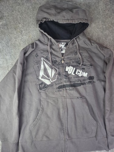 Vintage Volcom grauer Hoodie Spellout Größe Large durchgehender Reißverschluss Y2K Skate Grunge
