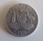 1916 M - Australian Threepence Coin - Coat of Arms & King George V - Circulated