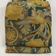 Japanese Silk Fukuro obi Blue-green Long-tailed bird Thread spool Foil Good 7268