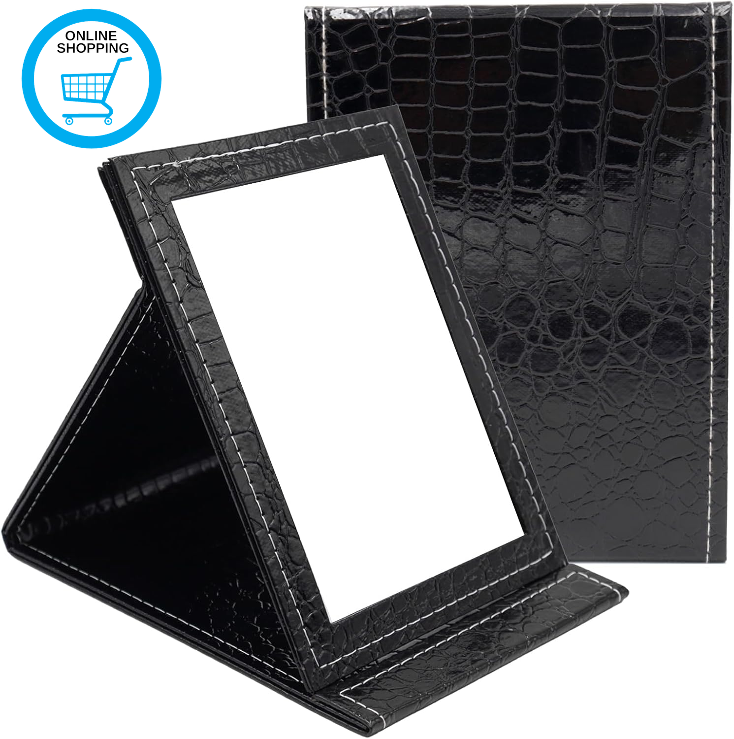 Vanity Makeup Mirror, PU Leather Travel Folding Mirror with Stand, Compact for G