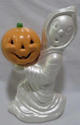 Vintage Primitive Halloween Ceramic Ghoul Ghost Holding Jack-o-lantern Pumpkin