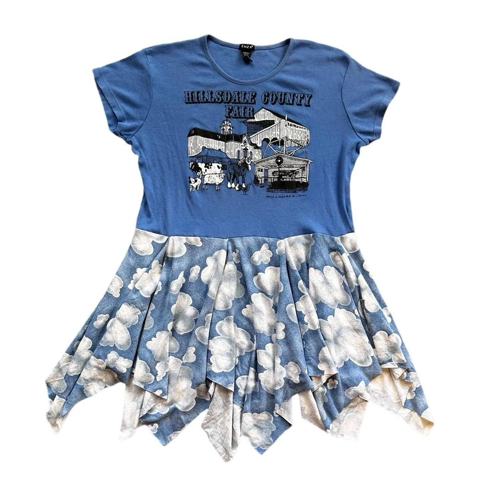 Upcycled Reworked Cloud Farm Fair Tee Handkerchief Mini Tshirt Dress Women L XL - Image 2 of 4