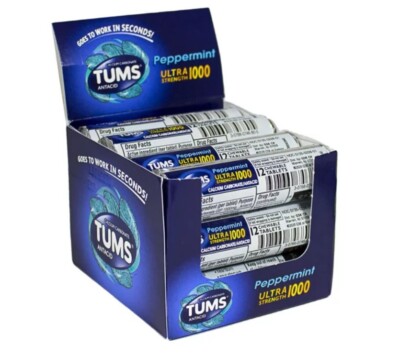 Tums Ultra Strength 1000 Peppermint Antacid Tablets, 12 Rolls in Display Box