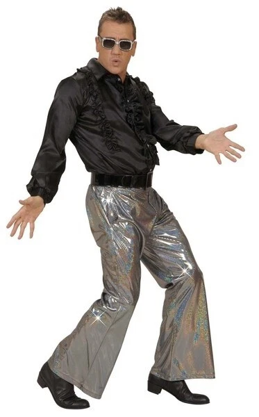 Silver Holographic Sequin 70s Disco Trousers Mens Fancy Dress M + XL