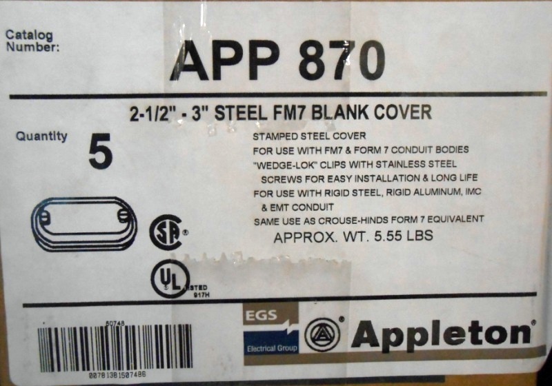 APPLETON O-Z GEDNEY, CONDUIT BODY COVER, 870, 2-1/2