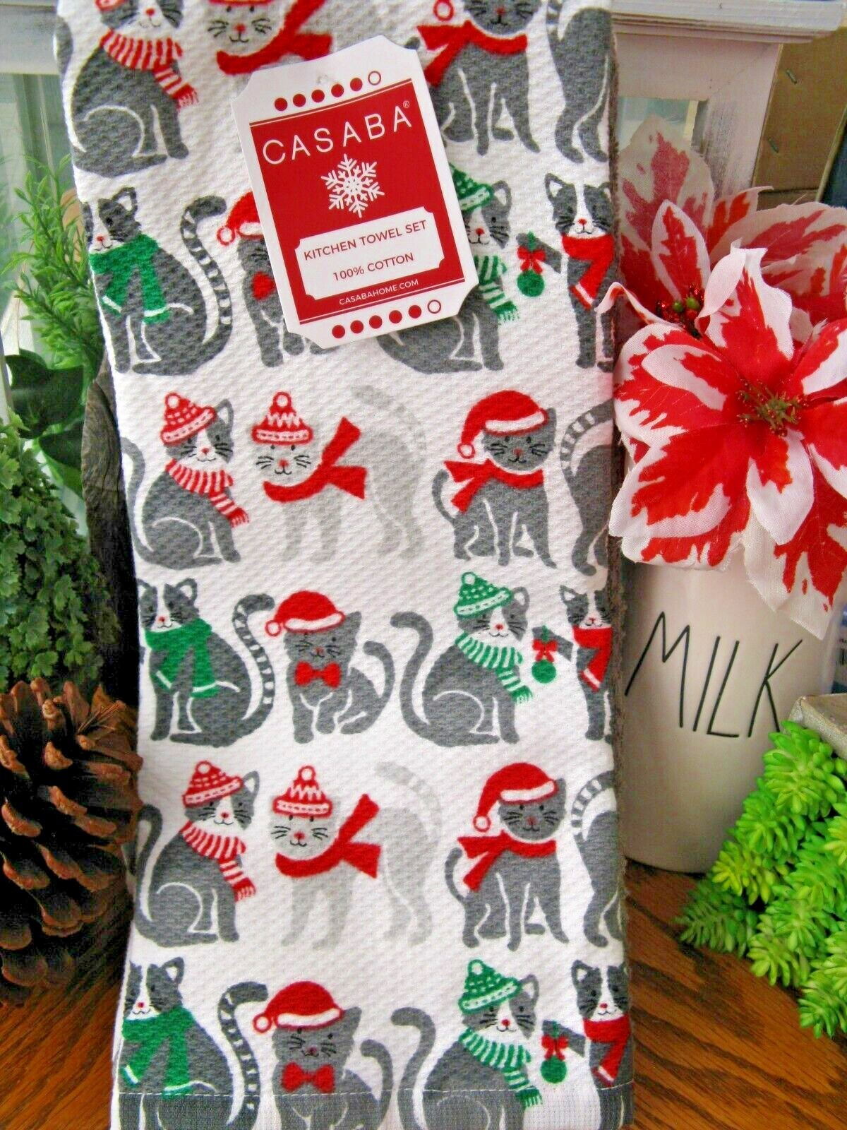 New CASABA Christmas Winter Holiday Kitty Cats Kitchen Hand Towels Set
