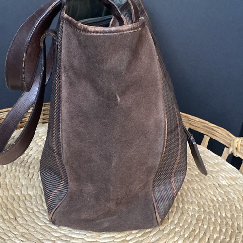 VTG Lauren Ralph Lauren Tote Bag Brown Green Purple Plaid~ Leather Suede FLAW - Picture 15 of 24