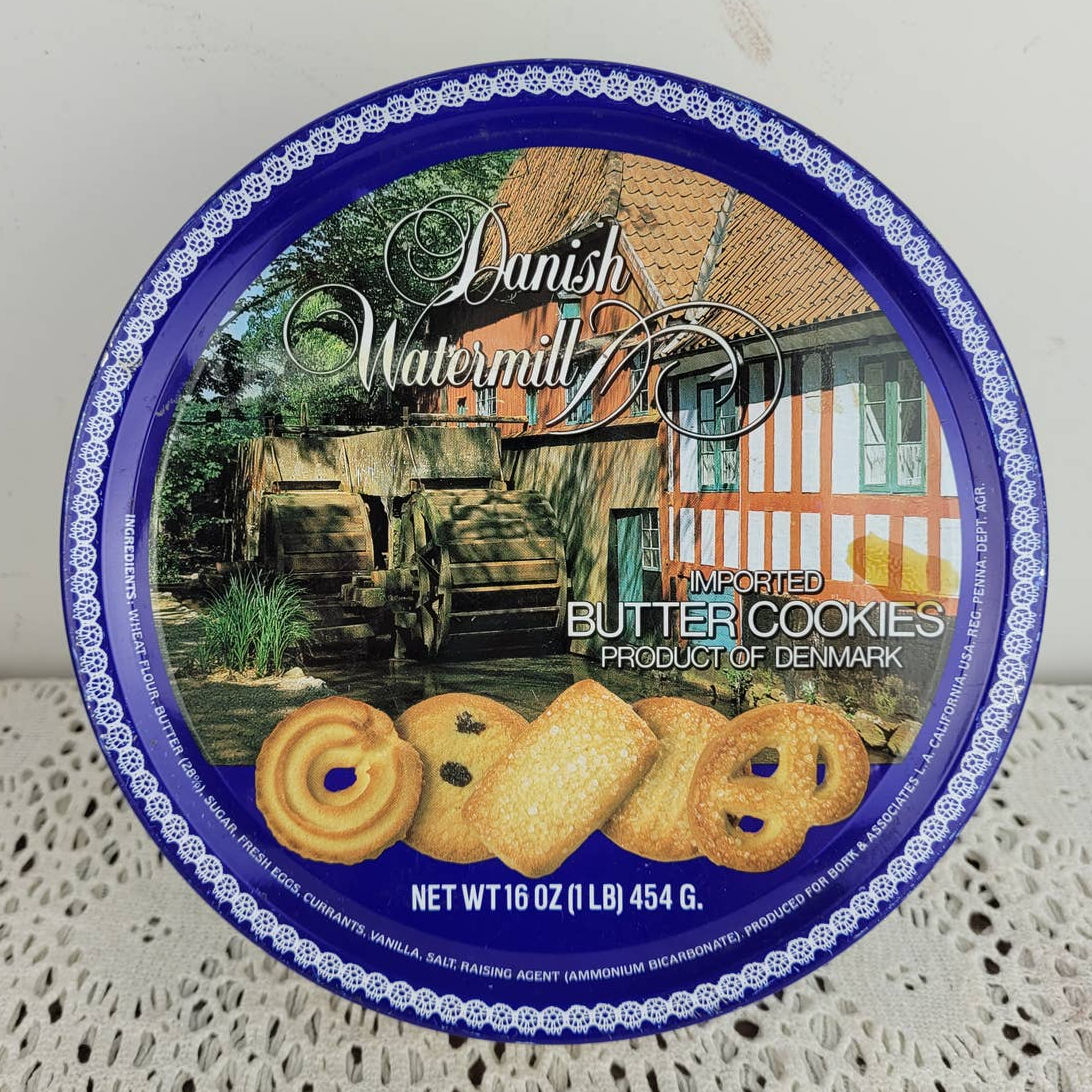 Vintage Danish Watermill Sugar Cookies Blue Tin Canister Box 7.5
