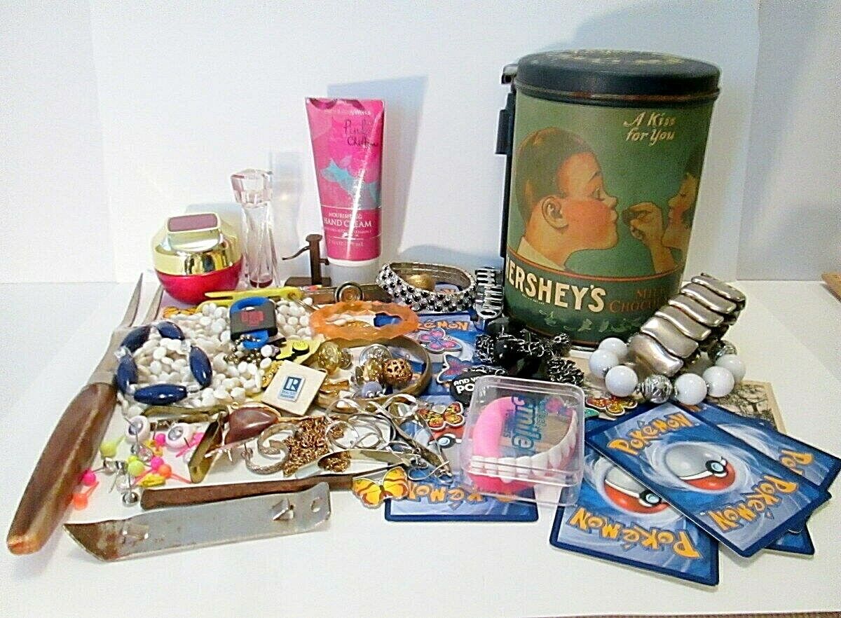 Vintage to Now Junk Drawer Lot Jewelry Pokemon Japan Tin Canister Pins etc