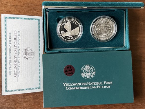 1999-P 2-Coin Yellowstone National Park Silver Dollar Proof/Unc Set USMINT OGP