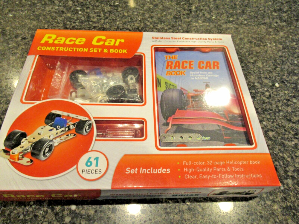 Race Car Construction Set and Book Metal Building Toy by Mud Puddle 61 Piece