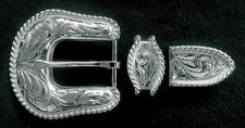 1" Hand Engraved Silver Rope Edge Belt Buckle Set -- 3 piece --