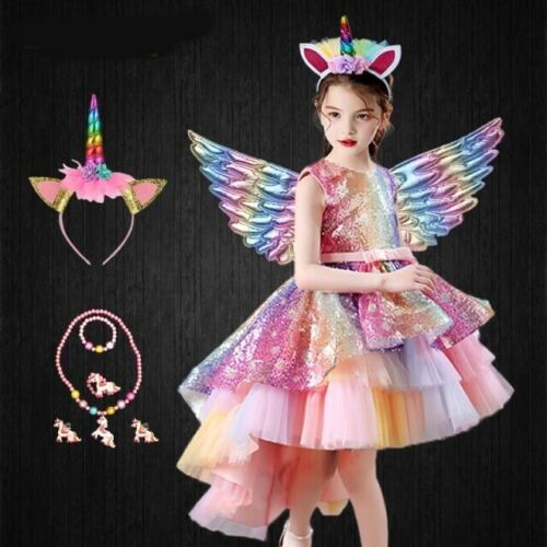 New Princess Birthday Rainbow Unicorn Dress Up Set Girls Fairy Party Kids Clothe - Picture 1 of 13