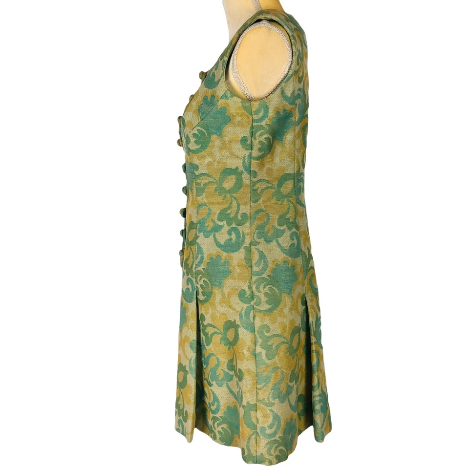 Vintage 1960s Dress Dress Size XS Green Yellow Floral Sleeveless Fabric Buttons - Image 4 of 4
