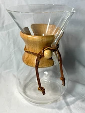 8.5 INCH TALL GLASS CHEMEX DRIP COFFEE MAKER WOOD LEATHER -FREE SHIP