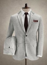 Light Gray Men's Corduroy Notch Lapel Leisure Prom Groom Tuxedo Wedding Suit