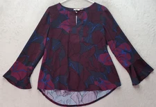 LOFT Blouse Top Womens XS Blue Purple Floral 100% Rayon Long Sleeve Round Neck