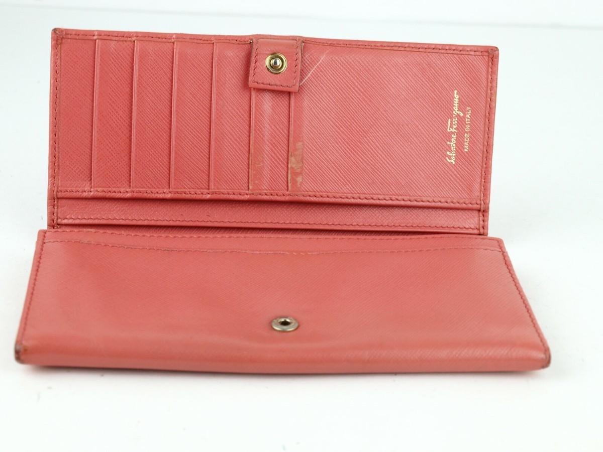 Salvatore Ferragamo Gancini Peach Pebbled Leather Long Wallet