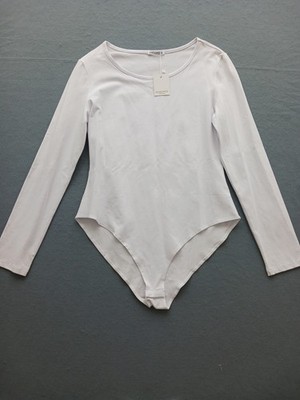 Mango Women's Casual Bodysuit XL Beige Solid Snap Closure Minimalist Stylish