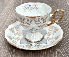 Vintage Guilded Tea Cup & Saucer Set with Flowers and Blue Opalescent Colors 