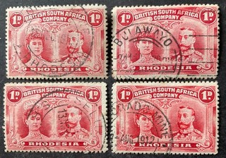 Rhodesia 1910 4 x 1d double head stamps with clear cancels