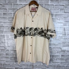 RJC Mens Hawaiian Shirt 2XL Cream Tropical Leaf Border Print Cotton Made in USA