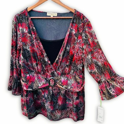 NEW Notations Sz 3X Velvet Burnout Top Paisley Bell Sleeve Built-In Faux Cami