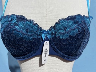 Adore Me Women's  Two-Toned Lace Push Up Estate Blue Bra Size 34C