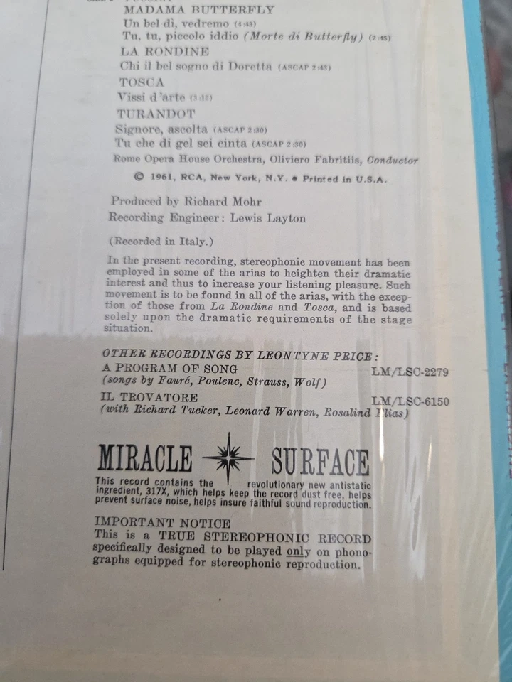 Leontyne Price, Vinyl, Arias From Aida,Il Trovatore, Etc.... RCA 1961,mint - Image 4 of 4