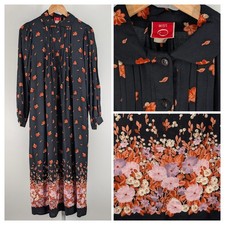 Vintage Miss O by Oscar de la Renta Dress Black Rayon Floral Pleat Midi 10 USA