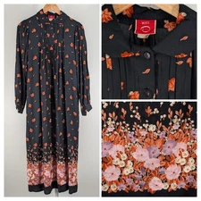 Vintage Miss O by Oscar de la Renta Dress Black Rayon Floral Pleat Midi 10 USA