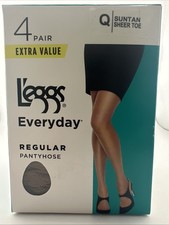 4 Pair Leggs Everyday Regular Pantyhose Suntan Sheer Toe Size Q Queen